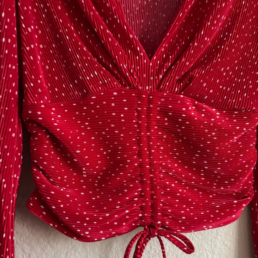 New Maje Red rouge Ruched cropped polka dot Blouse size 1 small top women’s - Picture 5 of 14